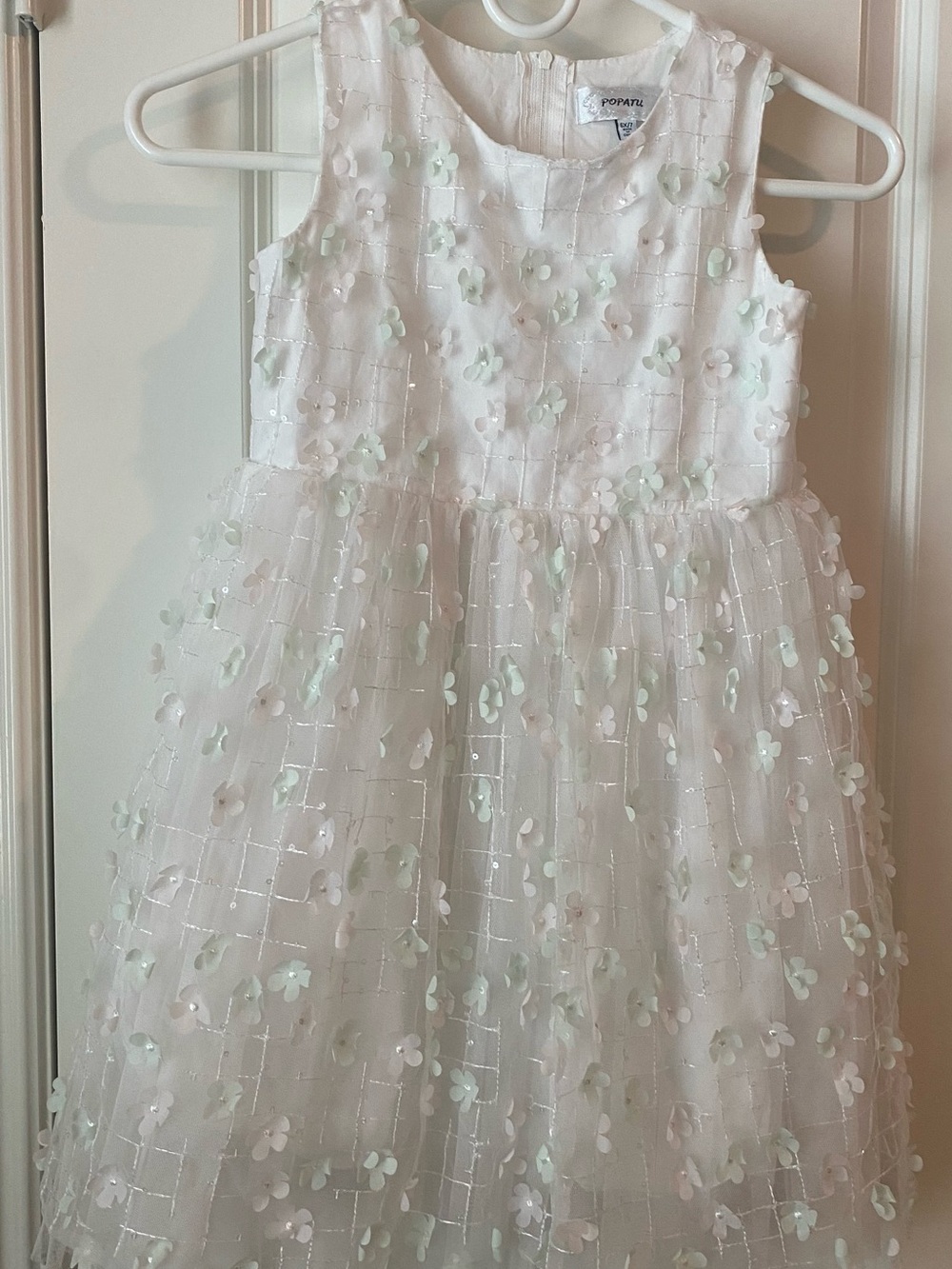 Popatu Girls' White Floral Appliqué Tulle Party Dress